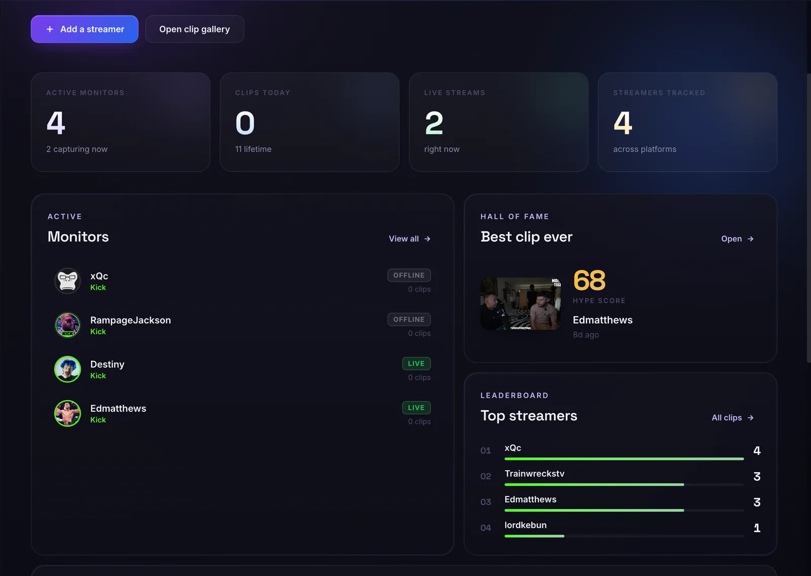 ClipStream desktop app dashboard showing live stream monitors and a feed of auto-captured Twitch and YouTube clips