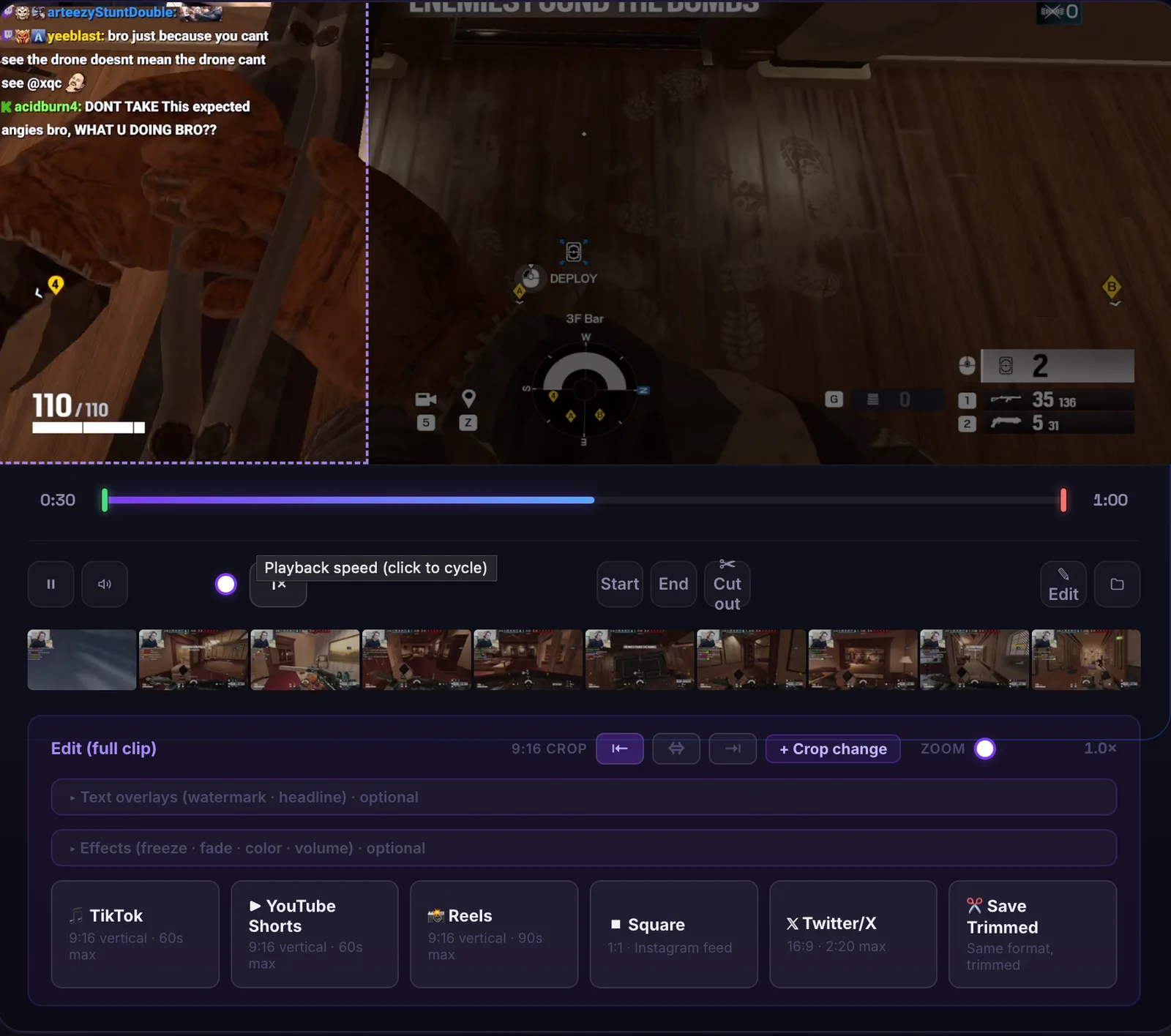 ClipStream built-in clip editor with timeline trimming, vertical 9:16 crop preview, and AI auto-edit controls for TikTok export
